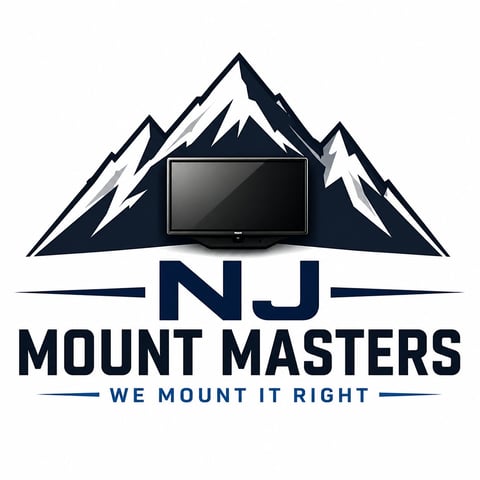 NJ Mount Masters logo featuring a TV mounted on a stylized mountain with tagline We Mount It Right